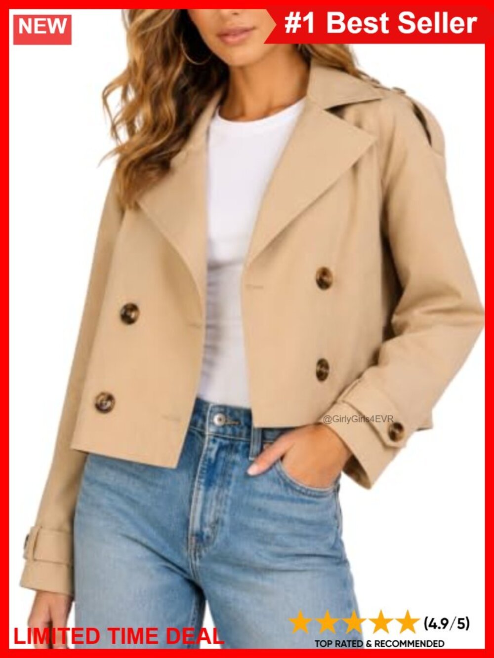 Oversized Cropped Double-Breasted Trench Jacket Lapel Collar Lightweight